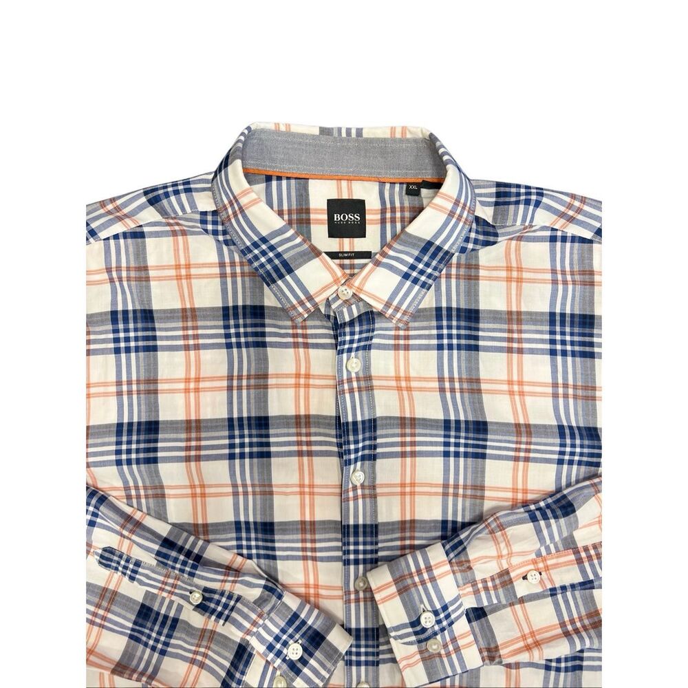 Hugo Boss Men's Slim Fit Plaid Long Sleeve Button Up Shirt Blue Orange Size XXL